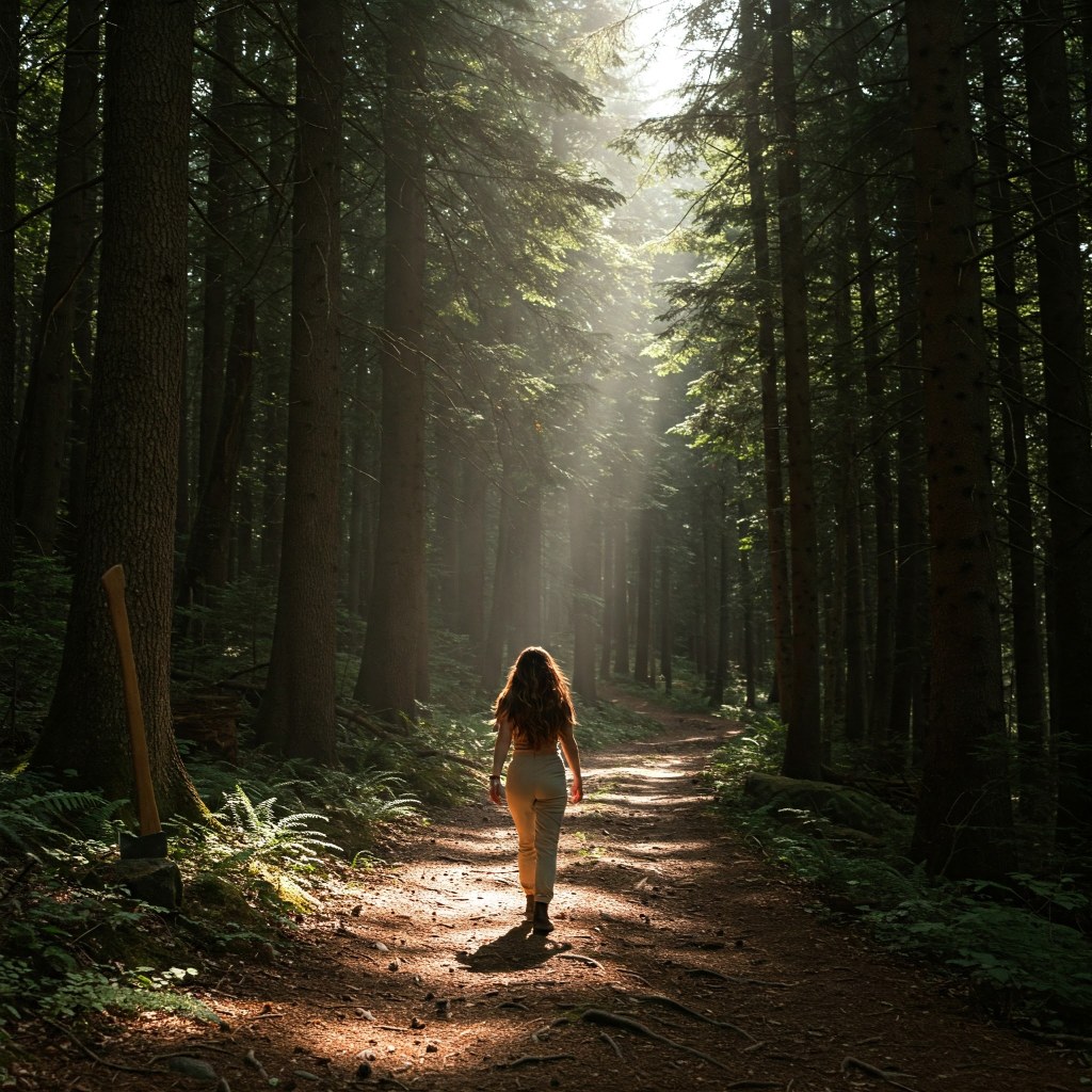 A woman walking alone on a sunlit forest path symbolizing a personal journey of resilience and healing through chronic illness.
